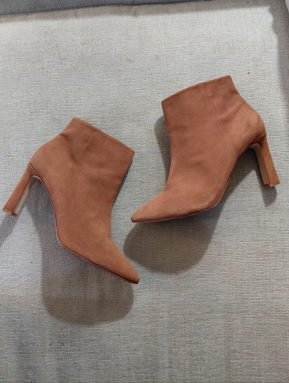 ANTONIO MELANI Suede Pointed Toe Heeled Ankle Boots In Cognac Brown size 9.5